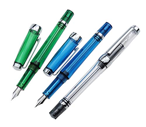 Lanxivi Set of 3 Piston Vaccum Fountain Pen Extra Fine Nib, 013 Series (Blue, Green and Clear Transparent) by Paili