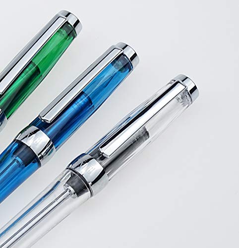 Lanxivi Set of 3 Piston Vaccum Fountain Pen Extra Fine Nib, 013 Series (Blue, Green and Clear Transparent) by Paili