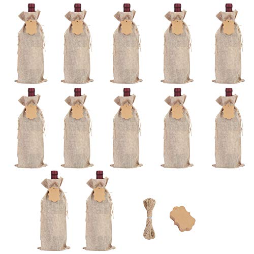 SUBANG 12 Pieces Jute Wine Bags Reusable Wine Bags with Ropes and Tags, 14 x 6 Inches