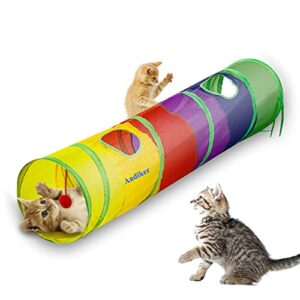 andiker cat tunnel, cat tubes for indoor cats collapsible cat play toy for puzzle exercising hiding training and running with a red fun ball and 2 holes (25&120cm) (colorful)