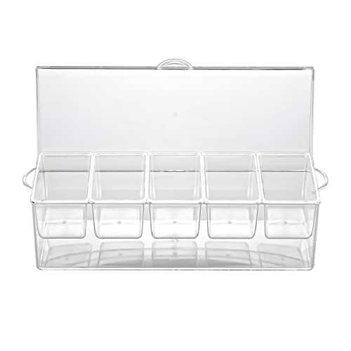 IVYHOME Ice Chilled 5 Compartment Condiment Server Caddy | Plastic Storage Food Containers | Serving Tray Container with 5 Removable Dishes Over 2 Cup Capacity Each and Hinged Lid