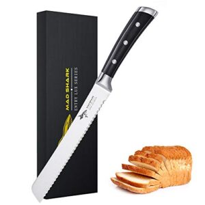 mad shark bread knife 8 inch pro serrated bread cutter,german high carbon stainless steel cake knife with ergonomic handle, ultra sharp baker's knife