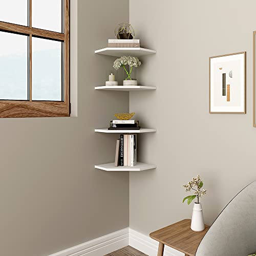 WELLAND 12-Inch Floating Corner Shelves Set of 2, Wall Mounted Storage Shelf with White Finish for Bedroom, Living Room, Bathroom, Display Shelf for Small Plant, Photo Frame, Toys and More