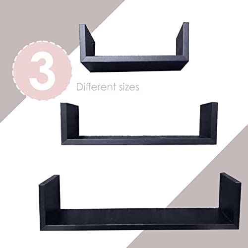 Home Basics Highly Durable Wall Mount Floating Wood Shelf Set of 3 for Livingroom, Bedroom, Bathroom, Kitchen, Trendy Modern Home Décor Organization (BLACK)