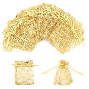 staruby 100pcs gold organza bags 3x4 inches rattan printed organza gift bags mesh favor bags drawstring jewelry gift pouches for wedding party favors baby shower christmas gifts candy bags