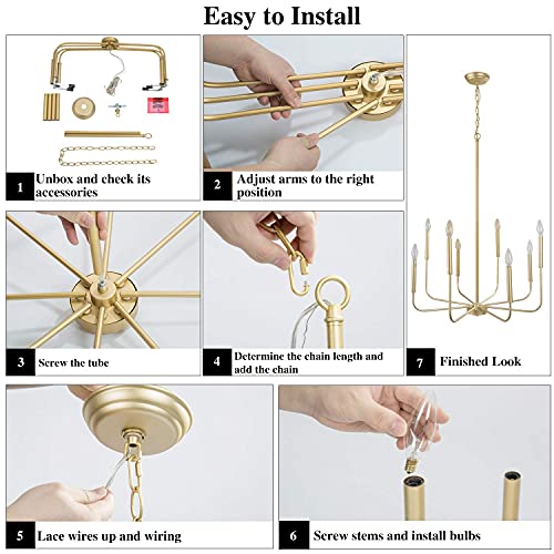 KSANA Gold Chandelier, Modern Light Fixture for Bedroom, Foyer, Dining & Living Room, Kitchen, and Entryway, (Upgraded Version, 2 Types of Height 8 Arms)