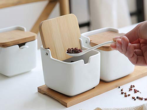 Lawei 3 Pack Ceramic Spice Jar with Lid and Spoon, Square Porcelain Condiment Jar Salt and Pepper Containers with Wooden Tray, White Pottery Cruet Pot for Sugar Bowls, Serving Tea, Coffee, Spice, Home