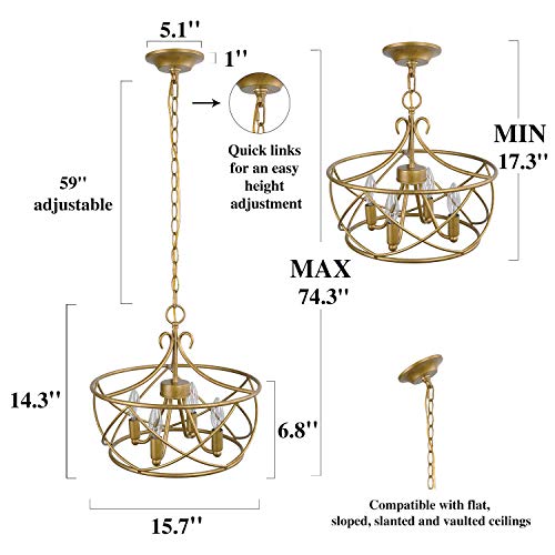 KSANA Antique Gold Chandelier, Modern Drum Light Fixture for Dining & Living Room, Bedroom, Foyer and Kitchen