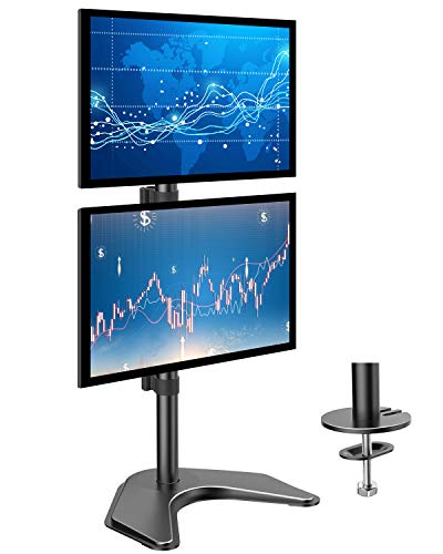 HUANUO Dual Monitor Stand - Vertical Stack Screen Free-Standing Holder LCD Desk Mount Fits Two 13 to 32 Inch Computer Monitors with C Clamp Grommet Base