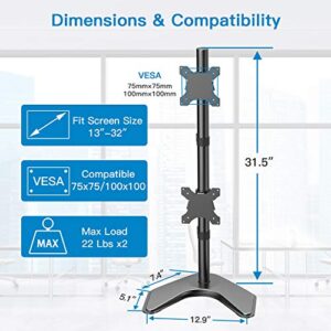 HUANUO Dual Monitor Stand - Vertical Stack Screen Free-Standing Holder LCD Desk Mount Fits Two 13 to 32 Inch Computer Monitors with C Clamp Grommet Base