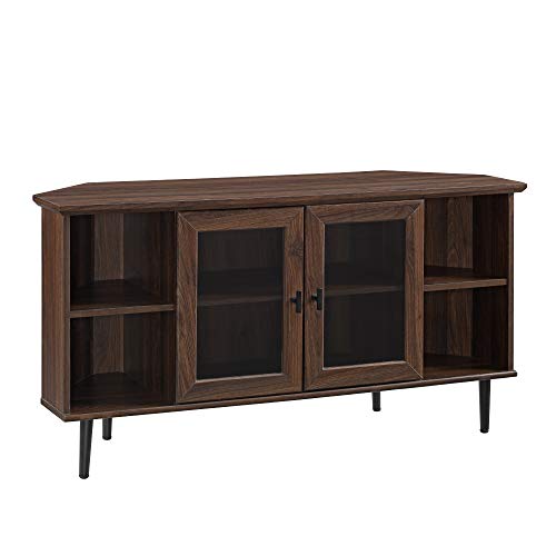 Walker Edison Modern Wood Corner Universal TV Stand with Open Shelves Glass Cabinet Doors Storage for TV's up to 55" Flat Screen Living Room Storage Entertainment Center, 48 Inch, Dark Walnut