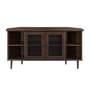 Walker Edison Modern Wood Corner Universal TV Stand with Open Shelves Glass Cabinet Doors Storage for TV's up to 55" Flat Screen Living Room Storage Entertainment Center, 48 Inch, Dark Walnut