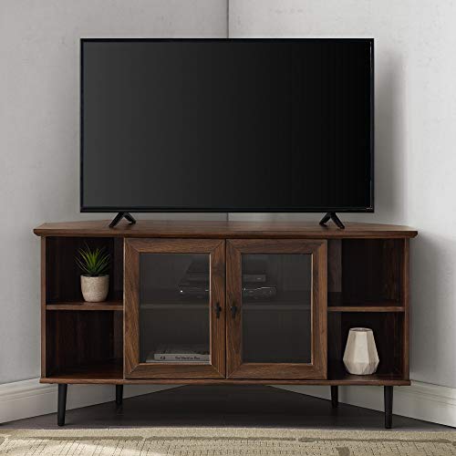 Walker Edison Modern Wood Corner Universal TV Stand with Open Shelves Glass Cabinet Doors Storage for TV's up to 55" Flat Screen Living Room Storage Entertainment Center, 48 Inch, Dark Walnut