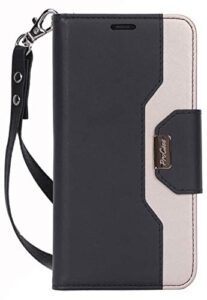 procase iphone 11 wallet case for women, flip folio kickstand pu leather case with card holder wristlet hand strap, stand protective cover for iphone 11 6.1” 2019 release -black