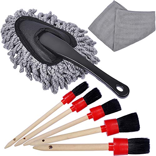 eFuncar Detailing Brush Set - 5 Sizes Premium Natural Boar Hair Detail Brushes, 1 Soft Microfiber Car Dash Duster Brush, Boar Hair Detail Brush Set with Car Microfiber Duster Interior Exterior for Car