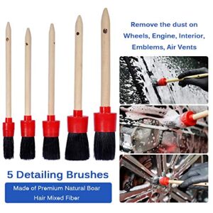 eFuncar Detailing Brush Set - 5 Sizes Premium Natural Boar Hair Detail Brushes, 1 Soft Microfiber Car Dash Duster Brush, Boar Hair Detail Brush Set with Car Microfiber Duster Interior Exterior for Car