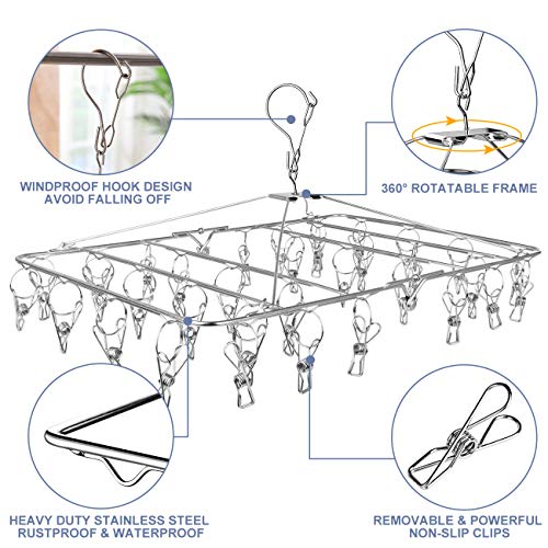 Fayleeko Clothes Drying Rack, 52 Clips Stainless Steel Laundry Drying Rack Folding Sock Hanger, Underwear Hanger, Clothes Hangers for Drying Towels, Bras, Lingerie, Baby Clothes