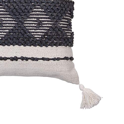 Foreside Home & Garden Gray Woven 18 x 18 inch Decorative Cotton Throw Pillow Cover with Insert and Hand Tied Tassels, Black, White