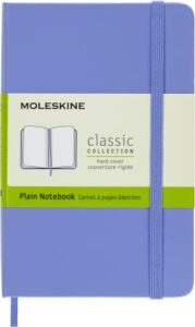 moleskine classic notebook, hard cover, pocket (3.5" x 5.5") plain/blank, hydrangea blue, 192 pages