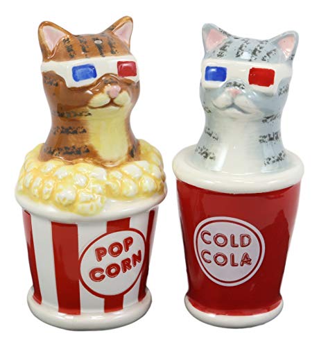 Ebros Funky Cats With Cinema 3D Glasses Sitting In Soda Pop Cup And Popcorn Tub At The Movies Salt And Pepper Shakers Set Ceramic Figurines Party Kitchen Tabletop Cat Decor Collectible