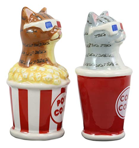 Ebros Funky Cats With Cinema 3D Glasses Sitting In Soda Pop Cup And Popcorn Tub At The Movies Salt And Pepper Shakers Set Ceramic Figurines Party Kitchen Tabletop Cat Decor Collectible