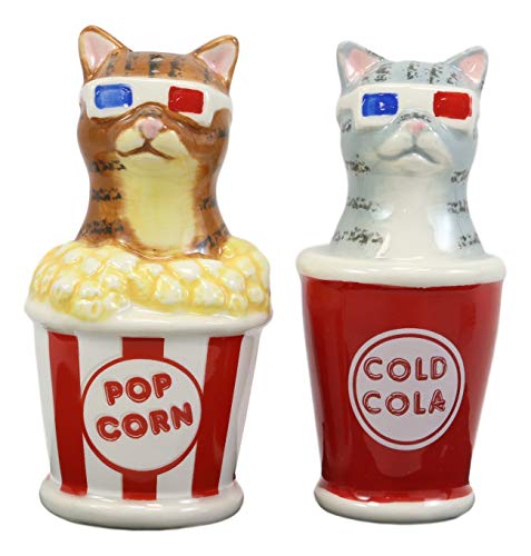 Ebros Funky Cats With Cinema 3D Glasses Sitting In Soda Pop Cup And Popcorn Tub At The Movies Salt And Pepper Shakers Set Ceramic Figurines Party Kitchen Tabletop Cat Decor Collectible