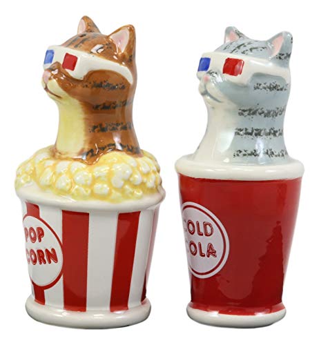 Ebros Funky Cats With Cinema 3D Glasses Sitting In Soda Pop Cup And Popcorn Tub At The Movies Salt And Pepper Shakers Set Ceramic Figurines Party Kitchen Tabletop Cat Decor Collectible