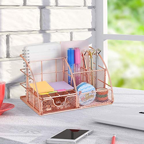 Rose Gold Desk Organizer,Mesh Pen Holder and Pencil Holder, Small Cute Office Supply and Gift for Women