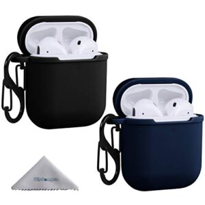 wisdompro case for airpods, 2 pack heavy duty silicone shockproof protective case inside cover with keychain for apple airpods 2 and airpods 1 (front led visible) - black and navy blue