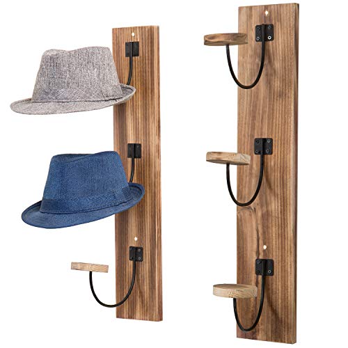 MyGift Wall Mounted Hat Rack, Rustic Burnt Wood Baseball Cap, Hat Hanger Rack with Metal Wire and Wood Hooks, Vertical Mount Coat, Cowboy Hats and Clothes Hanger, Set of 2