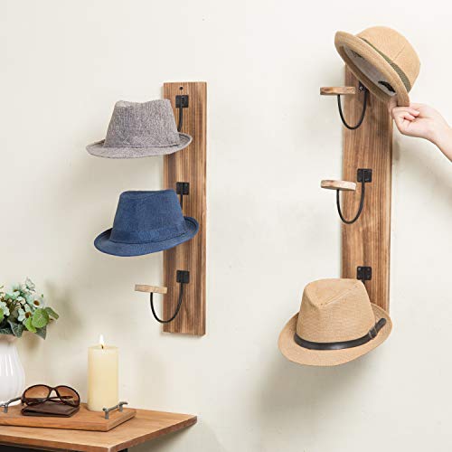 MyGift Wall Mounted Hat Rack, Rustic Burnt Wood Baseball Cap, Hat Hanger Rack with Metal Wire and Wood Hooks, Vertical Mount Coat, Cowboy Hats and Clothes Hanger, Set of 2