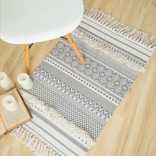 Seavish Accent Cotton Area Rug,2X3 Boho Bath Rug Aesthetic Hand Woven Farmhouse Throw Rug Shag Tufted Tassel Small Rug for Living Room Bedroom Bathroom Kitchen Dorm