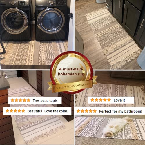 Seavish Accent Cotton Area Rug,2X3 Boho Bath Rug Aesthetic Hand Woven Farmhouse Throw Rug Shag Tufted Tassel Small Rug for Living Room Bedroom Bathroom Kitchen Dorm