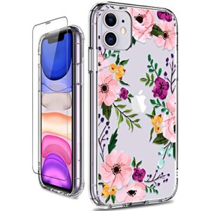 giika iphone 11 case with screen protector, clear heavy duty protective case floral girls women shockproof hard pc back case with slim tpu bumper cover phone case for iphone 11, small flowers