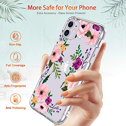 GiiKa iPhone 11 Case with Screen Protector, Clear Heavy Duty Protective Case Floral Girls Women Shockproof Hard PC Back Case with Slim TPU Bumper Cover Phone Case for iPhone 11, Small Flowers