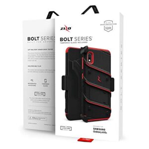 ZIZO Bolt Series for Samsung Galaxy A10e Case | Heavy-Duty Military-Grade Drop Protection w/ Kickstand Included Belt Clip Holster Tempered Glass Lanyard (Black/Red)