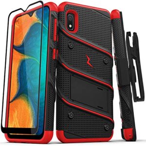 zizo bolt series for samsung galaxy a10e case | heavy-duty military-grade drop protection w/ kickstand included belt clip holster tempered glass lanyard (black/red)