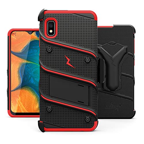 ZIZO Bolt Series for Samsung Galaxy A10e Case | Heavy-Duty Military-Grade Drop Protection w/ Kickstand Included Belt Clip Holster Tempered Glass Lanyard (Black/Red)