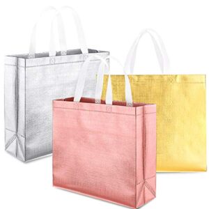 whaline set of 12 glossy reusable grocery bag, tote bag with handle, non-woven stylish gift bag, goodies bag, shopping promotional bag, for holiday party,event,birthday (rose gold, gold, silver)