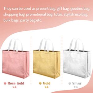 Whaline Set of 12 Glossy Reusable Grocery Bag, Tote Bag with Handle, Non-woven Stylish Gift Bag, Goodies Bag, Shopping Promotional Bag, for Holiday Party,Event,Birthday (Rose gold, Gold, Silver)