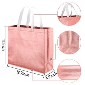 Whaline Set of 12 Glossy Reusable Grocery Bag, Tote Bag with Handle, Non-woven Stylish Gift Bag, Goodies Bag, Shopping Promotional Bag, for Holiday Party,Event,Birthday (Rose gold, Gold, Silver)