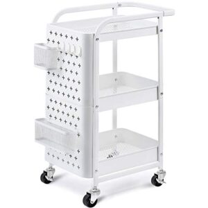 kingrack 3-tier rolling cart, metal utility cart with pegboard, utility rolling storage carts with wheels, craft storage trolley with handle for kitchen office classroom, white