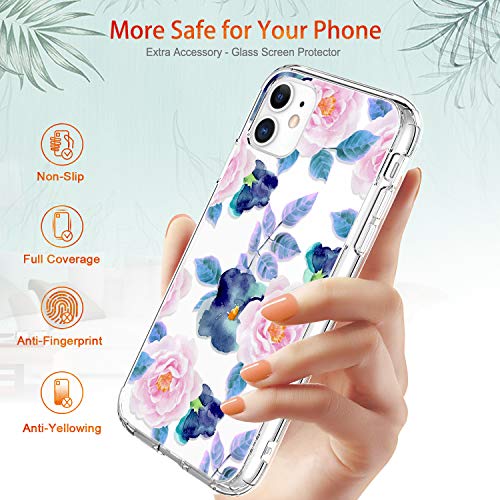 GiiKa iPhone 11 Case with Screen Protector, Clear Heavy Duty Protective Case Floral Girls Women Shockproof Hard PC Back Case with Slim TPU Bumper Cover Phone Case for iPhone 11, Pink Blue Flowers