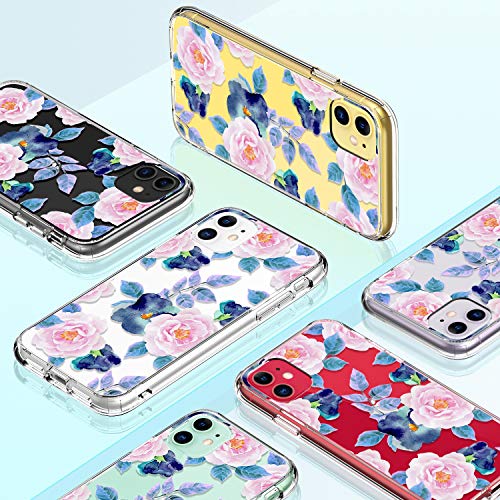 GiiKa iPhone 11 Case with Screen Protector, Clear Heavy Duty Protective Case Floral Girls Women Shockproof Hard PC Back Case with Slim TPU Bumper Cover Phone Case for iPhone 11, Pink Blue Flowers