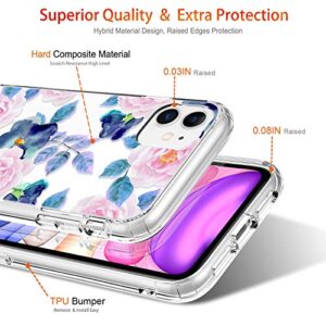 GiiKa iPhone 11 Case with Screen Protector, Clear Heavy Duty Protective Case Floral Girls Women Shockproof Hard PC Back Case with Slim TPU Bumper Cover Phone Case for iPhone 11, Pink Blue Flowers