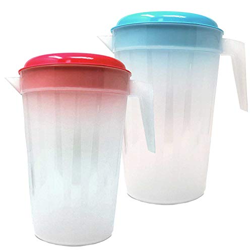 2 Pack 1 Gallon/4.5 Liter Round Clear Plastic Pitcher With Lid & Handle For Water Iced Tea Beverages