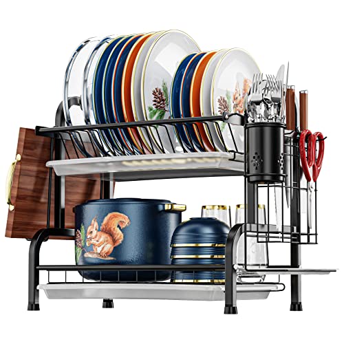 iSPECLE Dish Drying Rack, 304 Stainless Steel 2-Tier Dish Rack with Utensil Holder, Cutting Board Holder and Dish Drainer for Kitchen Counter