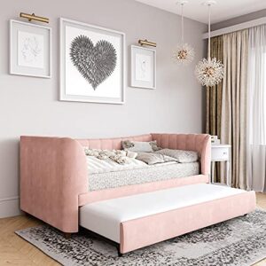 little seeds valentina upholstered trundle, twin size, pink velvet daybed,