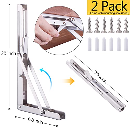 Pynsseu 20 inch Folding Shelf Brackets,Heavy Duty Stainless Steel Collapsible Shelf Bracket Wall Mounted Triangle Folding Shelf Bracket for Table Work and Bench(2 Packs)