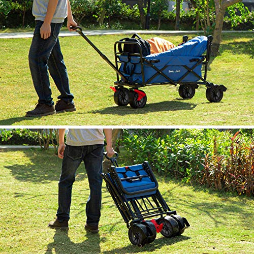 BEAU JARDIN Folding Beach Wagon Cart with Brake Free Standing Collapsible Utility Camping Grocery Canvas Fabric Portable Rolling Buggies Outdoor Garden Sport Heavy Duty Shopping Push Blue BG237